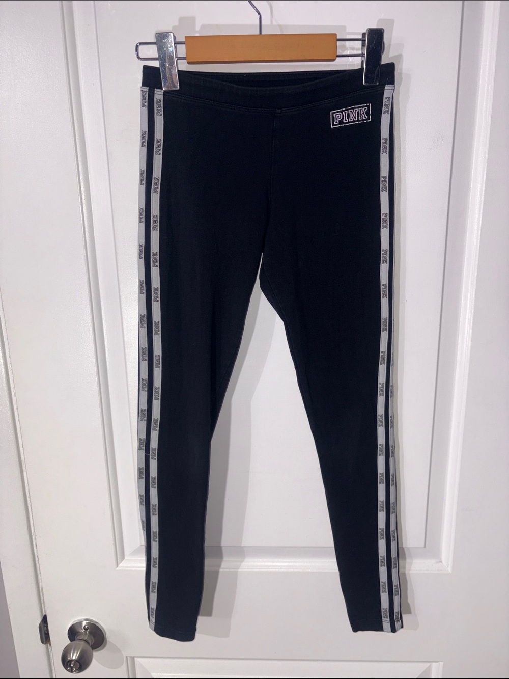 PINK Victoria's Secret Black Leggings with White Logo Side Tape